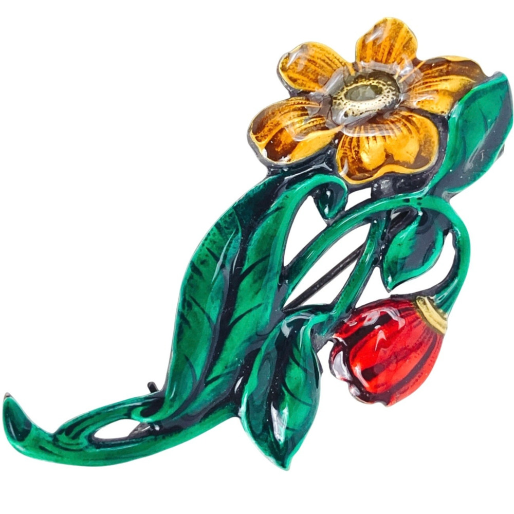 VTG 1930s 1940s Silver Enamel Floral Flower Brooch Mid Century Jewelry EUC